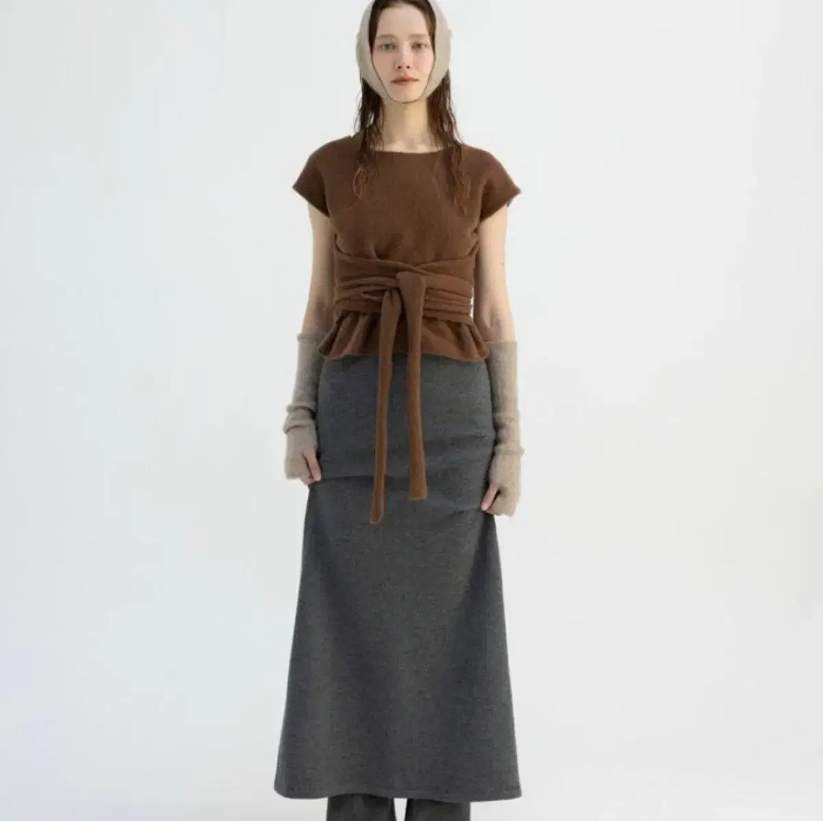 모노하 ribbed long skirt grey